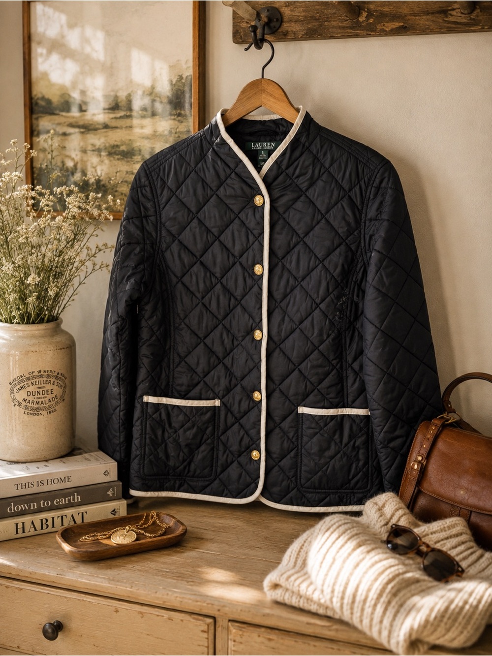 Lauren Ralph Lauren Navy Quilted Jacket with White Trim Sz M